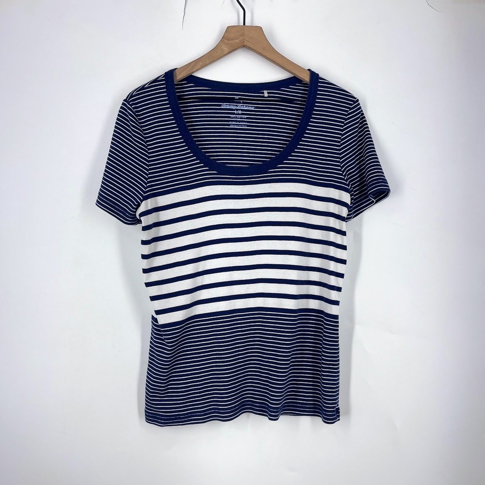 Tommy Bahama Womens L Blue White Striped Scoop‎ Neck Cotton Short Sleeve T-Shirt